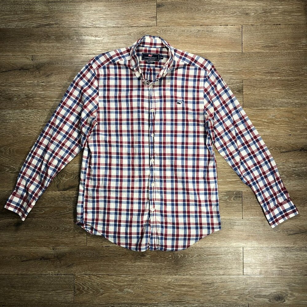Vineyard Vines Whale Shirt Long Sleeve Button Down Men Medium Plaid Red Blue